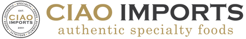 Ciao Imports logo with a round seal on the left saying Authentic Specialty Foods Est. 2001 and text on the right reading CIAO IMPORTS authentic specialty foods.