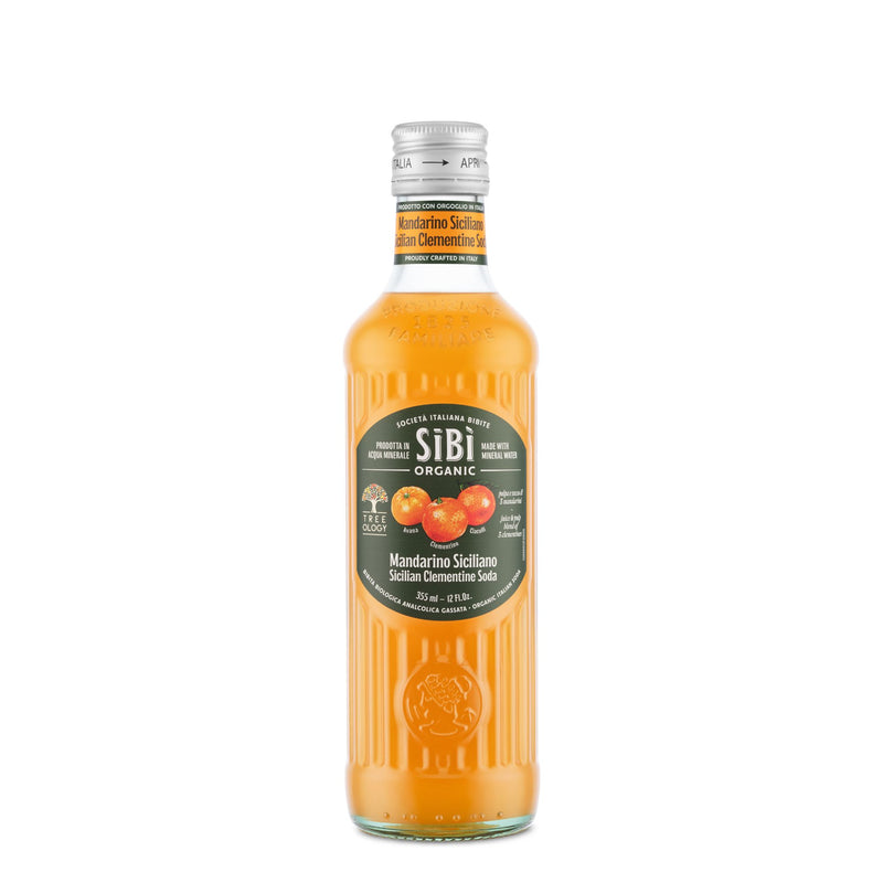 A clear glass bottle of Sibilla Organic Sicilian Clementine Soda (355ml) filled with vibrant orange soda. The label features Sicily-inspired branding and mandarin fruit images, capturing a classic Sicilian citrus taste.