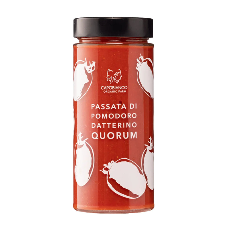 A Capobianco Vulcano Gift Box, featuring a trio of organic tomato and purees, with red tomato sauce inside and white tomato illustrations on the label.