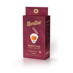 Morettino Quality Prestige Italian Ground Coffee (250g) comes in a red bag featuring a steaming espresso cup, described as intenso e armonioso. This Sicilian coffee is ideal for espresso lovers and perfect for cafetieres.