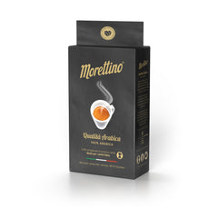 A 250g black bag of Morettino Quality Arabica Italian Ground Coffee, featuring elegant gold text and a steaming espresso cup—ideal for espresso lovers seeking authentic Sicilian flavor.