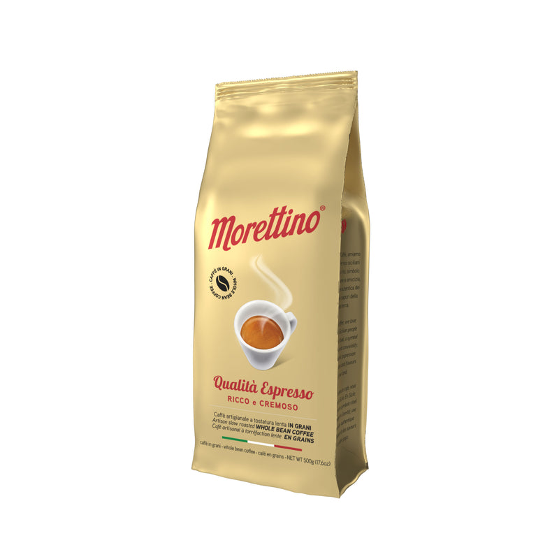 A gold bag of Morettino Quality Italian Espresso Beans (500g/17.6oz) shows an espresso cup image and describes aromatic whole bean coffee; the packaging is in both Italian and English.