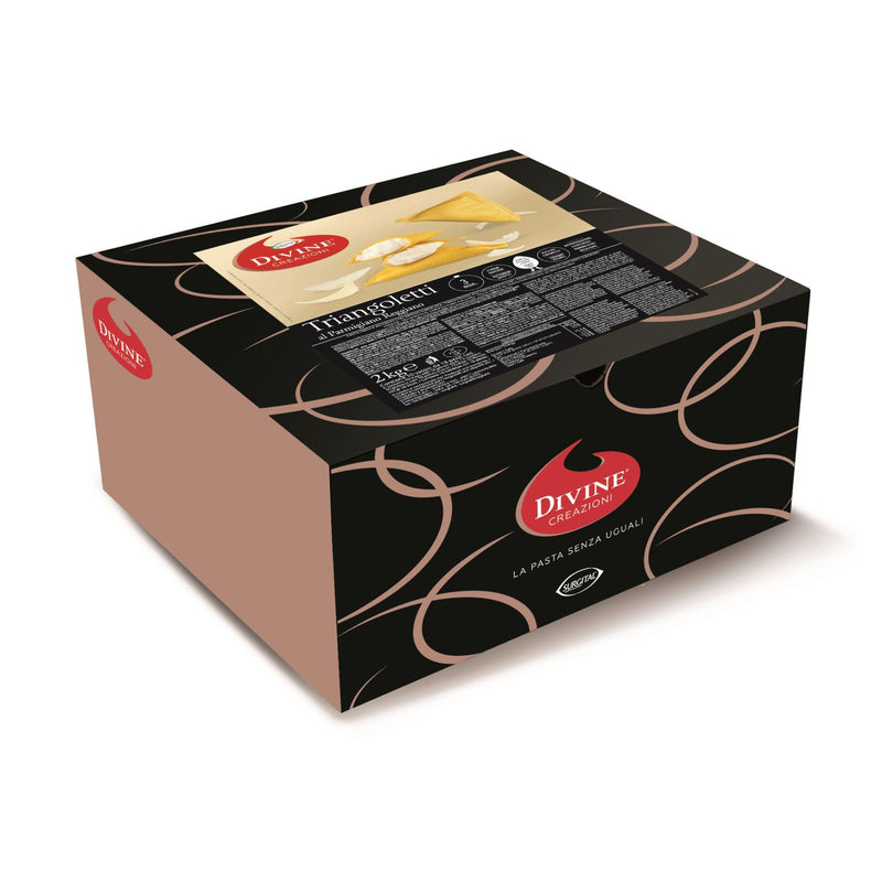A black and brown case of Divine Creazioni Triangoletti with Parmigiano Reggiano DOP (4.4 lb.), featuring elegant swirling patterns, premium filled pasta details, and a photo of the Italian frozen pasta on the label.