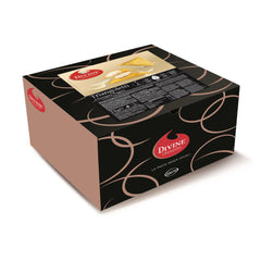 A black and brown case of Divine Creazioni Triangoletti with Parmigiano Reggiano DOP (4.4 lb.), featuring elegant swirling patterns, premium filled pasta details, and a photo of the Italian frozen pasta on the label.