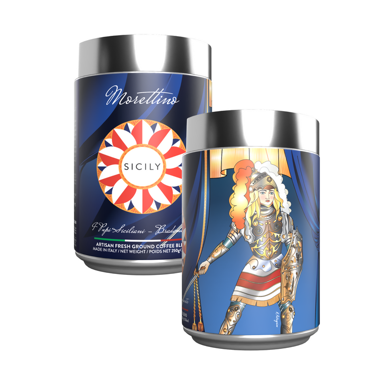 Two tins of Morettino I Pupi Siciliani Bradamante Ground Coffee (250g/8.8oz), featuring unique Sicilian designs, capture the charm of limited edition coffee from Morettino.