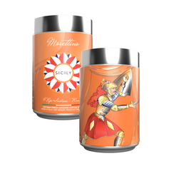 Two orange Morettino tins: one with a Sicily sunburst logo, the other with a knight illustration. Each Limited Edition 
