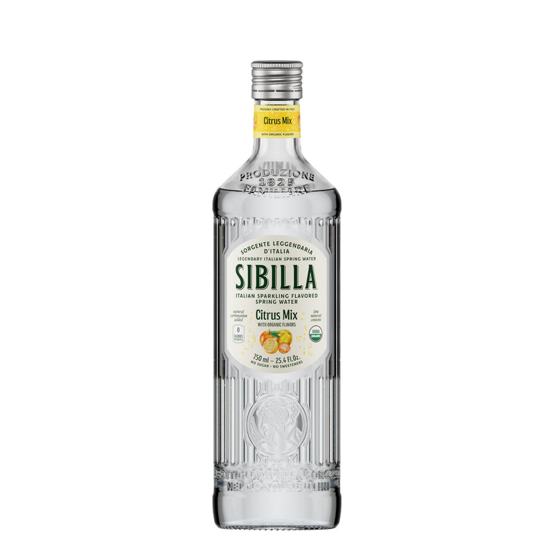 A 750ml glass bottle of Sibilla Italian Organic Citrus Mix Flavored Water, featuring a yellow cap and a label with citrus illustrations, stands upright on a white background.