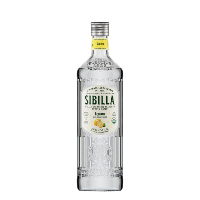 A 750ml glass bottle of Sibilla Italian Organic Lemon Flavored Water, with a yellow cap and lemon-themed label, is shown against a white background.