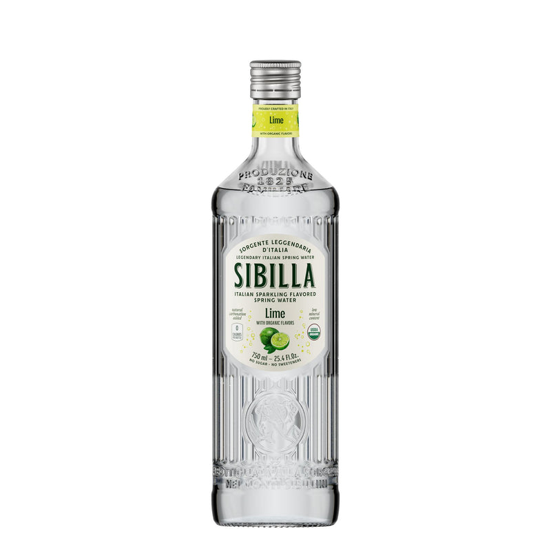 A 750ml glass bottle of Sibilla Italian Organic Lime Flavored Water, with a green and white label and green cap, is shown on a white background.