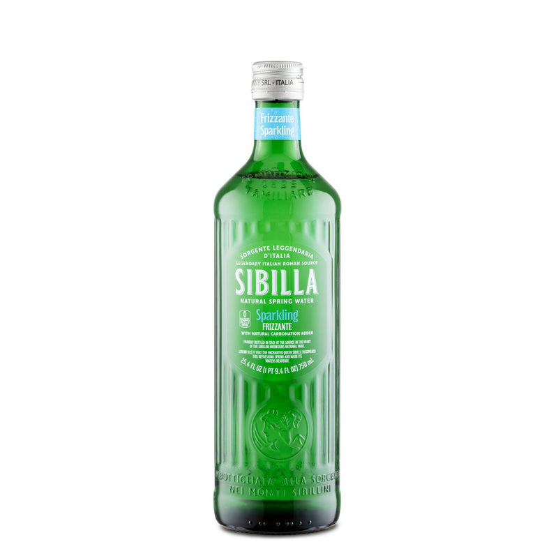 A 750ml Sibilla Italian Sparkling Spring Water glass bottle stands upright on a plain white background, showcasing the brand’s white and blue label—pure, refreshing sparkling mineral water in every sip.