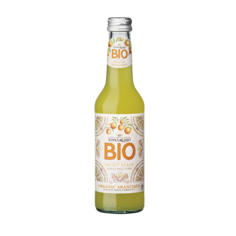 A 275ml glass bottle of Tomarchio Organic Aranciata Orange Soda DOP, made with Sicilian Arancia di Ribera, features a light yellow-orange drink and a decorative label with oranges and Italian text. Available in a 24-pack.