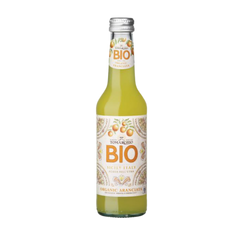A 275ml glass bottle of Tomarchio Organic Aranciata Orange Soda DOP, made with Sicilian Arancia di Ribera, features a light yellow-orange drink and a decorative label with oranges and Italian text. Available in a 24-pack.