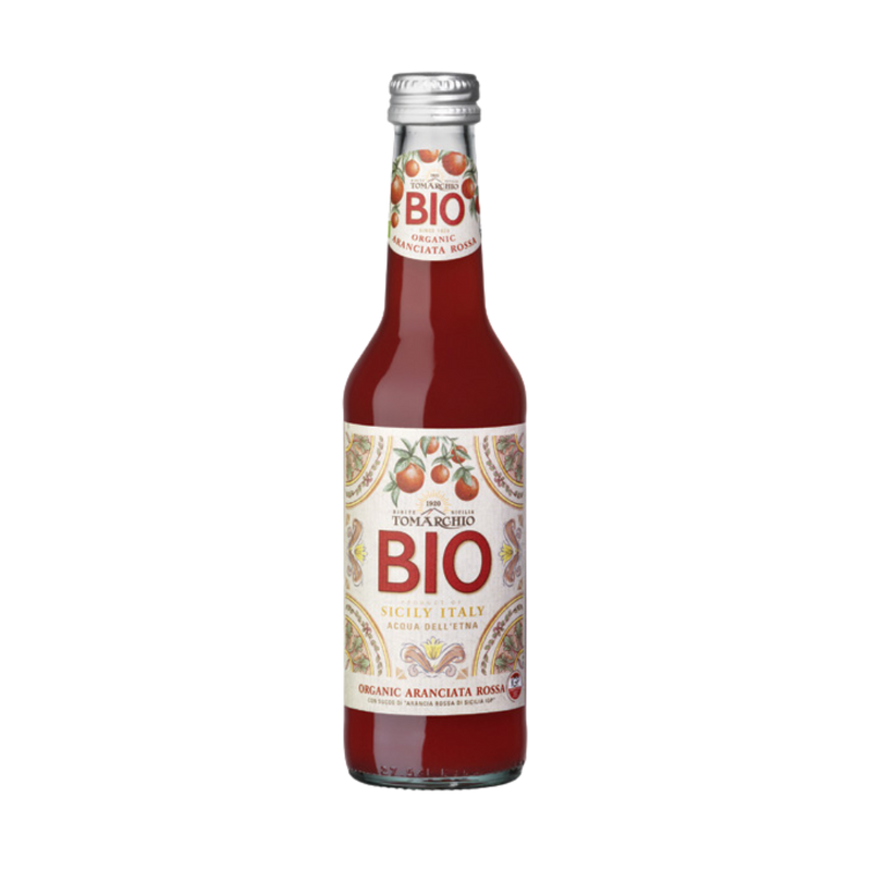 A 24-pack of Tomarchio Organic Blood Orange Soda IGP (275ml), a sparkling Italian soda made with certified Sicilian blood oranges, featuring vibrant orange illustrations and decorative Sicilian patterns on the label.