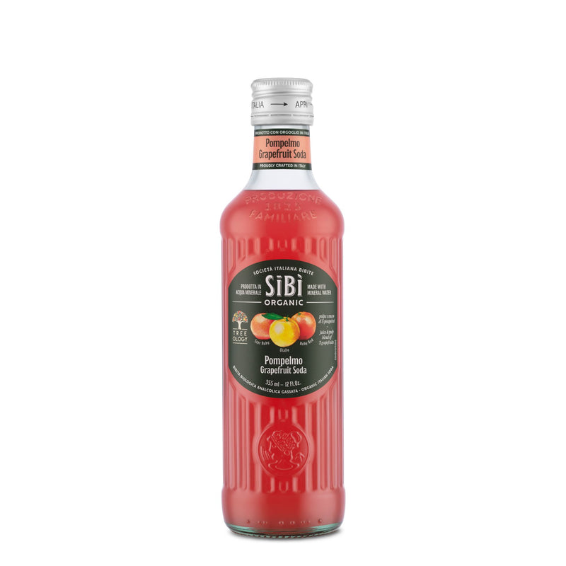 A glass bottle of Sibilla Organic Italian Grapefruit Soda (355ml) with a black label featuring grapefruit images and organic certification stands upright on a white background, showcasing its refreshing pink citrus drink inside.