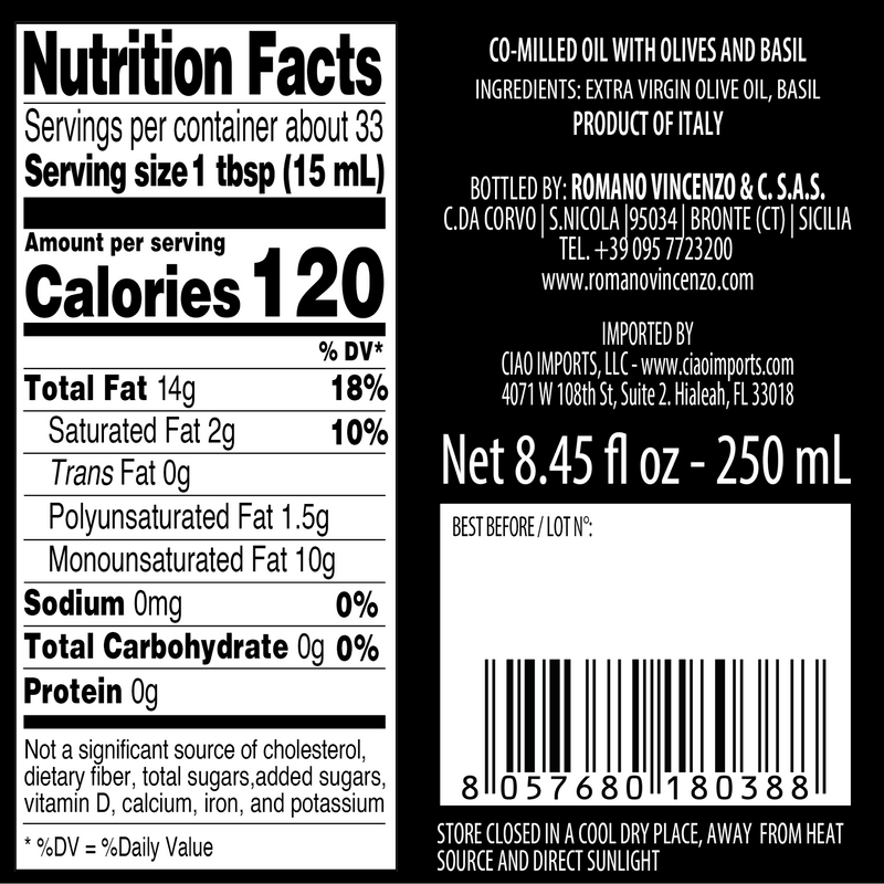 Romano, Basil Co-Milled Extra Virgin Olive Oil (250ml/8.8oz)