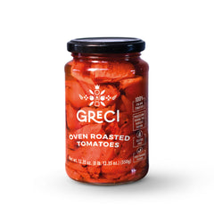 A jar of Greci Rustic Semi-Dried Tomatoes in Olive Oil (340g/12oz) features 100% Italian tomatoes, gluten-free ingredients, and a black lid—ideal for authentic Italian kitchens.