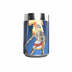 Enjoy your Morettino I Pupi Siciliani Bradamante Ground Coffee (250g tin) from a tumbler featuring a woman in ornate medieval armor with spear, set before blue curtains and a glowing lamp—perfect for artisan coffee moments.