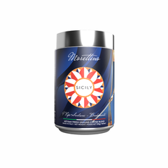 A 250g tin of Morettino I Pupi Siciliani Bradamante ground coffee, featuring a blue and silver label with a circular design, proudly made in Italy.