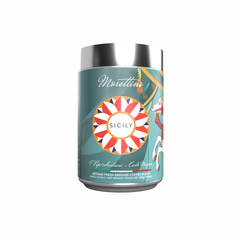 Morettino I Pupi Siciliani Carlo Magno Ground Coffee (250g/8.8oz) comes in a limited edition tin with a colorful circular design, a partial carousel horse illustration on teal, and a shiny silver lid.