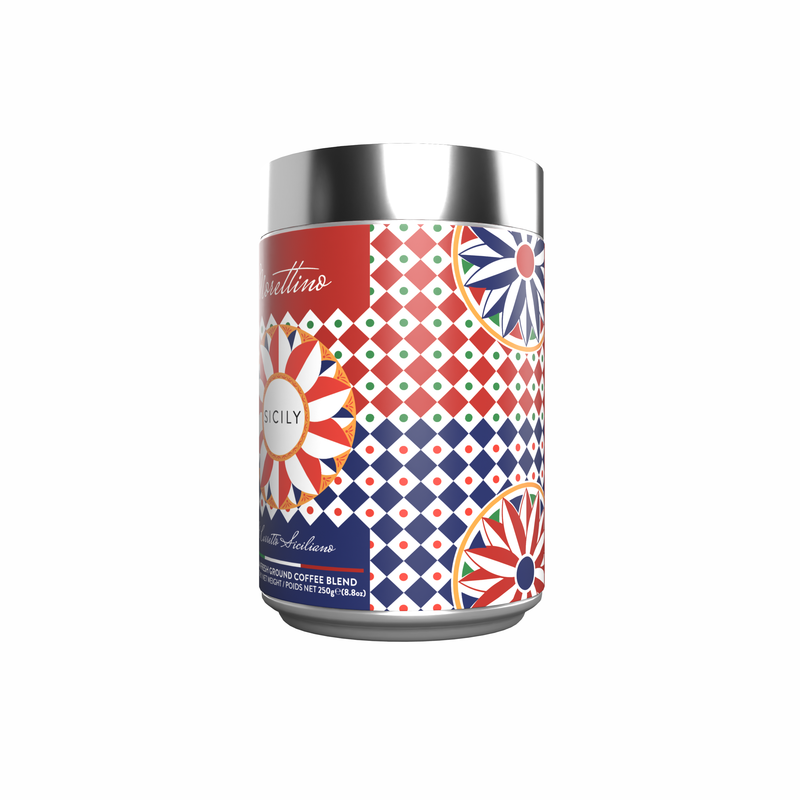 The Morettino Boutique Sicilian Carretto Ground Coffee comes in a limited edition 250g tin with a silver lid and vibrant geometric design. The label reads SICILY—ideal for artisan coffee lovers and collectors.