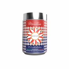 The Morettino Boutique Sicilian Carretto Ground Coffee in a limited edition 250g tin features vibrant patterns and a sunburst, celebrating Sicilian coffee tradition.