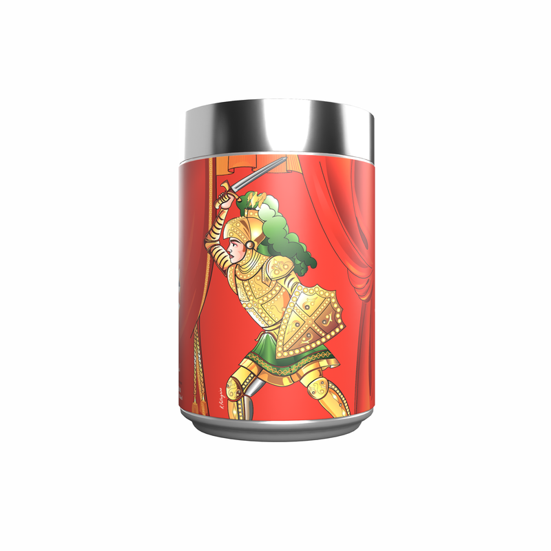 The Morettino I Pupi Siciliani Orlando Ground Coffee in Tin (250g) features a knight in gold armor with green accents on the tin—ideal for savoring 100% Arabica coffee or your favorite ground brew on the go.