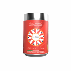 A 250g tin of Morettino I Pupi Siciliani Orlando ground coffee, featuring 100% Arabica beans, a vibrant circular design, and a metallic silver lid.