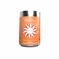 Morettino I Pupi Siciliani Rinaldo Ground Coffee in a 250g tin with an orange label, silver lid, and red, white, and blue geometric flower design on the front.