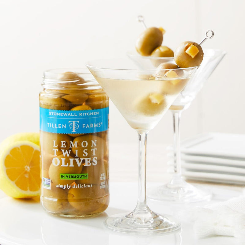 Lemon Twist Olives in Vermouth, 12 oz Jar - Tillen Farms - Ciao Imports - Authentic Specialty Foods