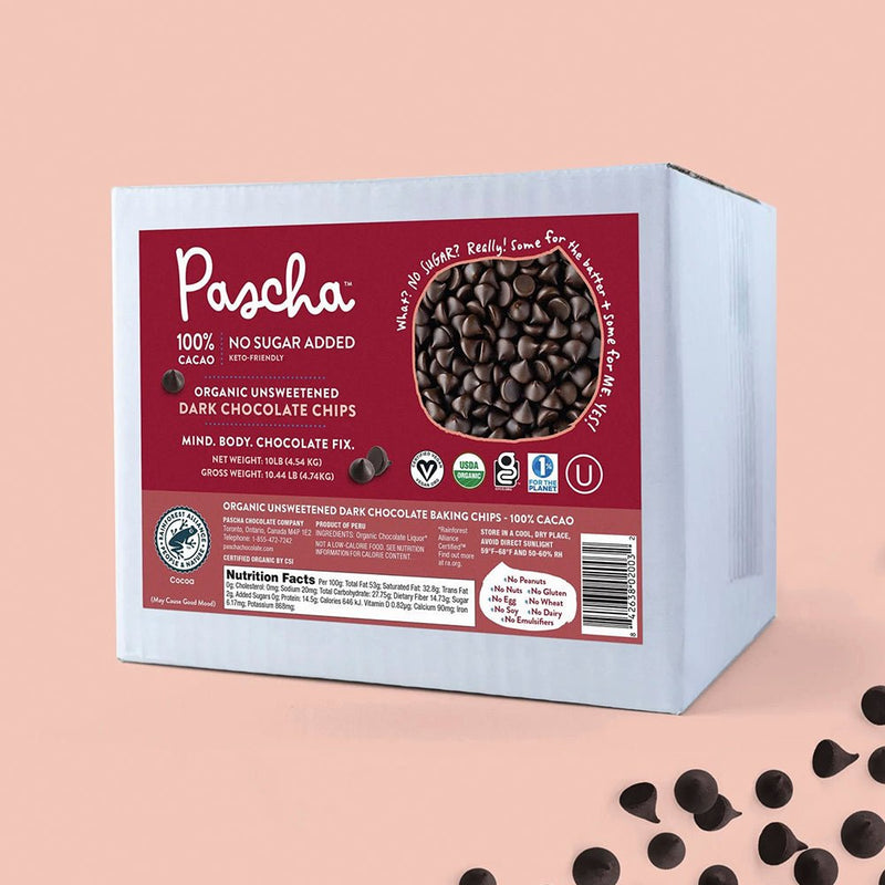 Pascha Organic Unsweet Allergen Free Chocolate Chips, 100% Cacao, 10lb Box - Pascha - 842638020032 - Ciao Imports - Authentic Specialty Foods
